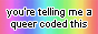 A rainbow button reading 'You're telling me a queer coded this?'